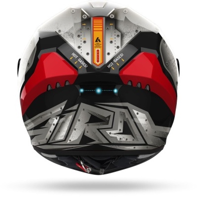 Capacete de moto futurista preto, branco e vermelho com texto HOT GASES!
