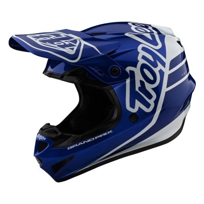 Capacete de motocross azul e branco com inscrições 'Troy Lee' e 'GRAND PRIX'