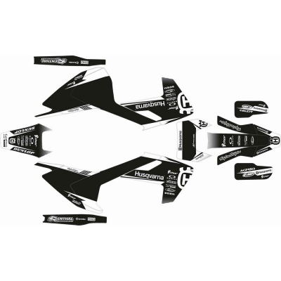 Autocolantes para moto Husqvarna em preto e branco com logótipos diversos.