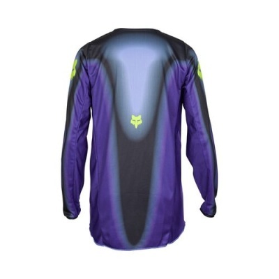 Camisola desportiva azul e roxa de manga comprida com logótipos amarelos da FOX