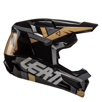 Capacete integral motocross preto com detalhes dourados e cinzentos e logo LEATT