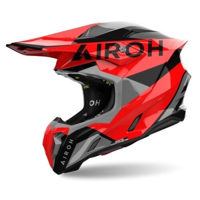 Capacete integral vermelho, preto e cinza com texto AIROH