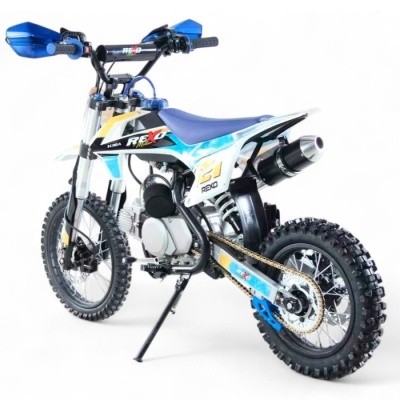 Moto de corrida tipo dirt bike azul e branca com texto REXO