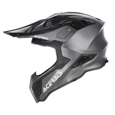 Capacete integral cinza e preto para motocross com texto ACERBIS