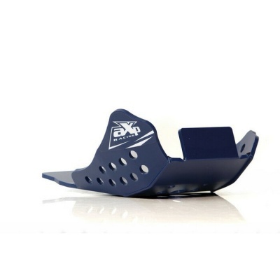 Peça metálica azul escuro da marca AXP Racing com furos circulares