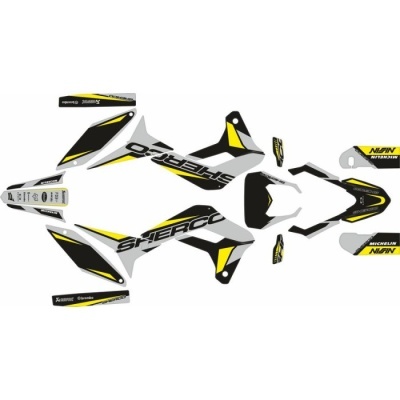 Autocolantes para moto em branco, preto e amarelo com texto Sherco e logos