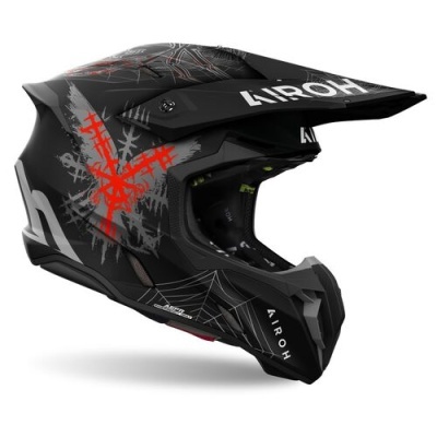 Capacete motocross preto com detalhes vermelhos e cinza e visor com texto AIROH