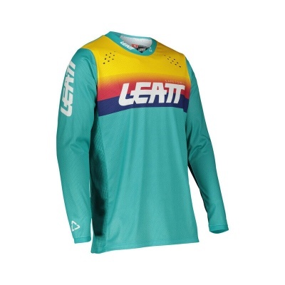 Camisola de manga comprida LEATT em tecido técnico verde-água com degradé amarelo, vermelho e azul