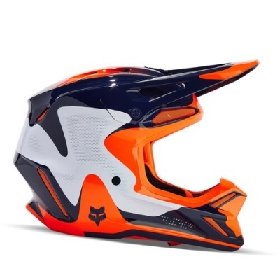 capacete motocross laranja branco azul com logótipo de raposa
