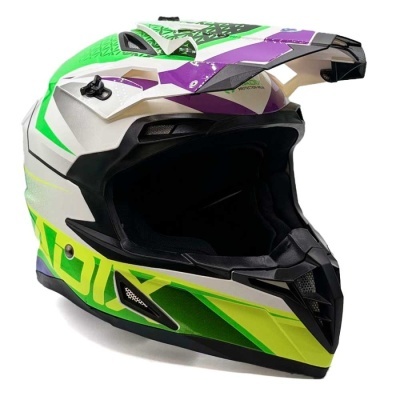Capacete de motocross verde, roxo e branco com visor ajustável