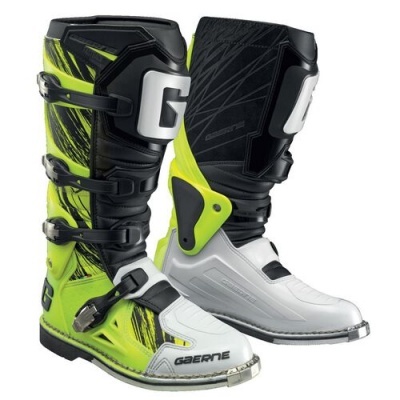 Botas de motocross Gaerne em preto, verde lima e branco com fivelas