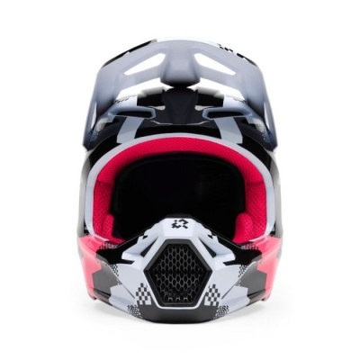 Capacete integral motocross preto, cinza, branco e rosa com interior acolchoado vermelho