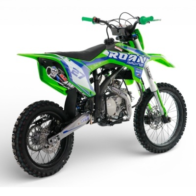 Motocross verde com detalhes azuis e assento preto