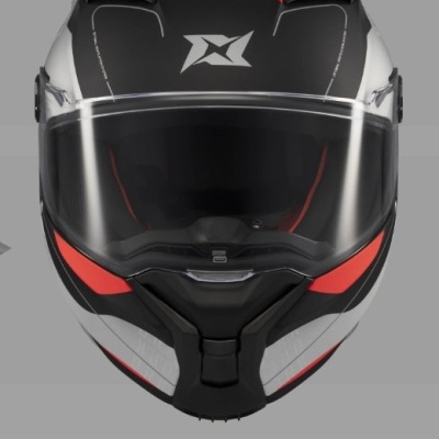 Capacete integral preto, vermelho e cinza com viseira transparente