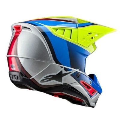 Capacete de motocross azul, cinzento, vermelho e amarelo-fluorescente com viseira ajustável