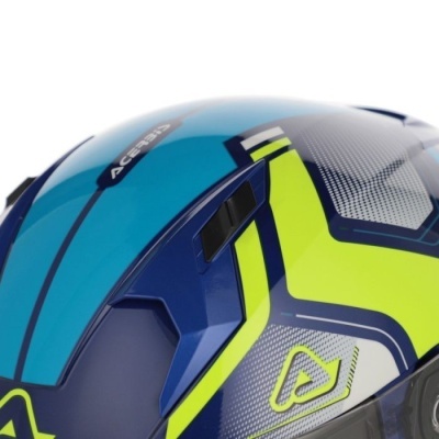 Capacete de motociclismo azul e verde com texto ACERBIS