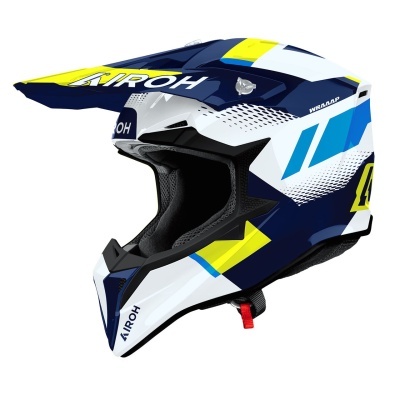 Capacete de motocross azul, branco e amarelo com visor e texto AIROH