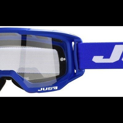 Óculos de proteção desportivos azuis com lente transparente e fita elástica azul com texto branco