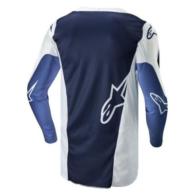 Camisola desportiva azul escuro, branco e azul claro com logotipos