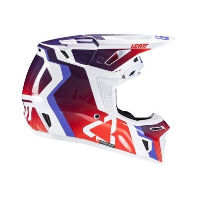 Capacete integral motocross branco, vermelho, azul e roxo com texto LEATT
