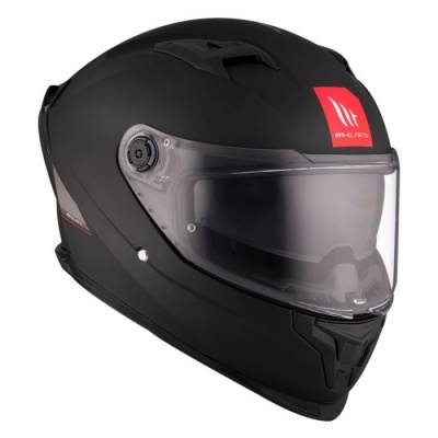 Capacete integral preto fosco com viseira transparente e etiqueta vermelha MT HELMETS