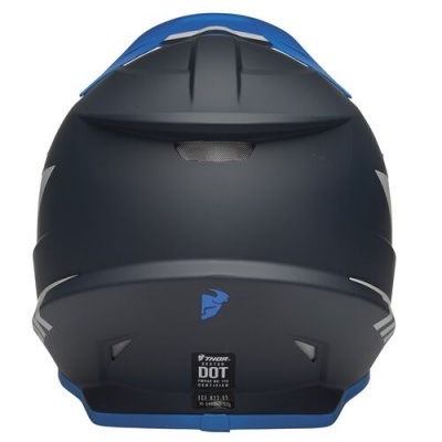 Capacete de motocicleta azul e preto visto de trás