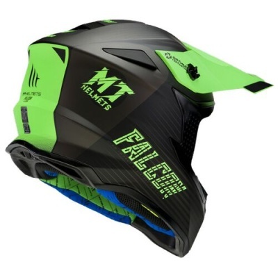Capacete de motocross preto e verde com interior azul e texto MT Helmets e Falcon II