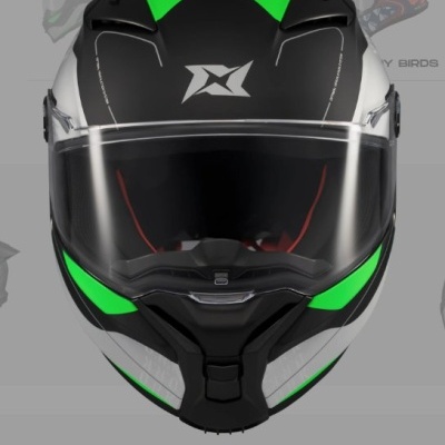 Capacete integral preto, verde e branco com viseira transparente e logótipo X