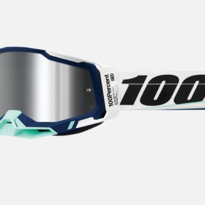 Óculos de proteção com armação branca e azul escuro e lente espelhada