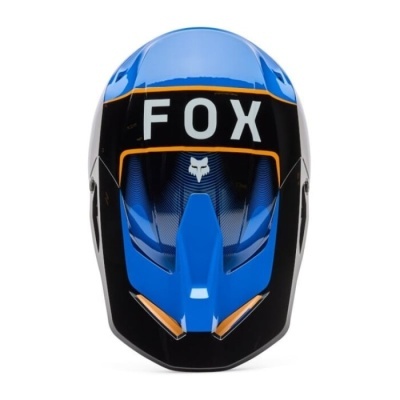 Capacete de motocross azul e preto com texto FOX em branco