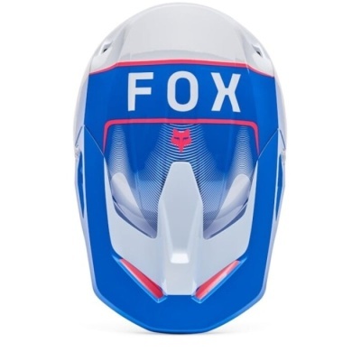 Capacete de motocross azul e branco com logotipo FOX vermelho