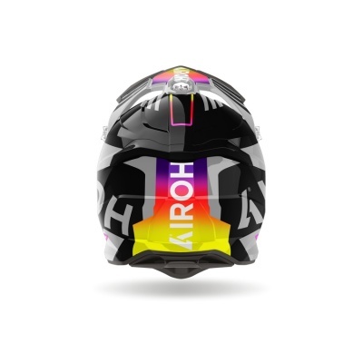 Capacete de motociclista colorido com texto AIROH