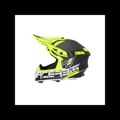 Capacete integral preto e amarelo fluorescente com visor alongado e detalhes gráficos