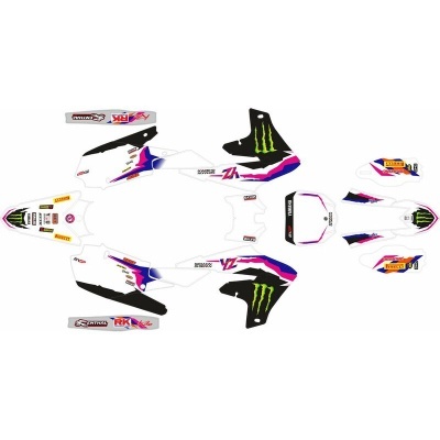 Autocolantes para personalização de moto em vinil com cores branca, preta, rosa e azul, e logótipos de marcas como Monster, Pirelli e RK