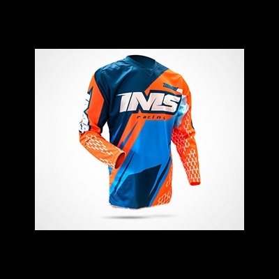 Camisola desportiva azul, laranja e branco com logotipo IMS