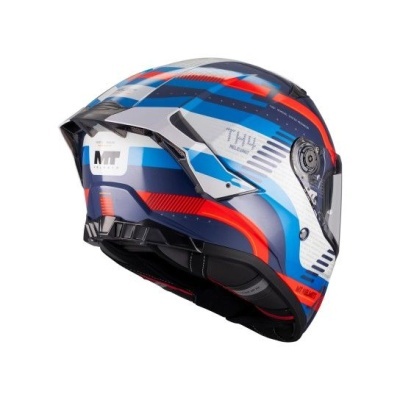 Capacete de moto azul, branco, vermelho e cinzento com visor transparente