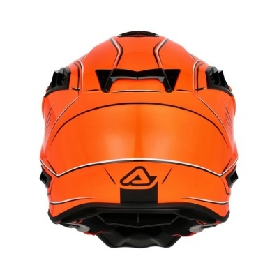 Capacete de motocross laranja e preto visto de trás