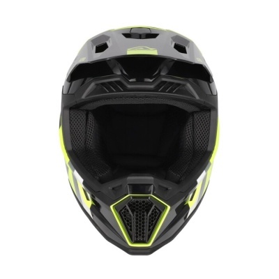 Capacete de motocross cinzento, preto e amarelo com interior acolchoado