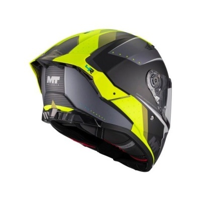 Capacete integral preto, cinza e amarelo neon com visor transparente e texto MT REVENGE