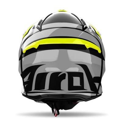 Capacete moto preto, branco e amarelo visto de trás