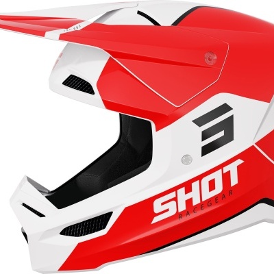 Capacete integral vermelho e branco com visor e marcas Shot Racegear.