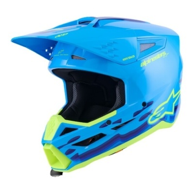 Capacete de motocross azul com detalhes em verde neon e azul