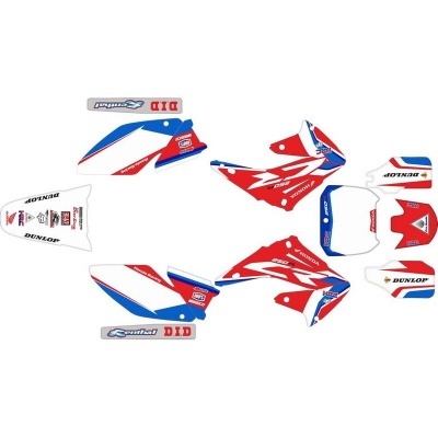 Conjunto de autocolantes para moto vermelho, branco e azul com logótipos Honda, Dunlop, DID, Gold