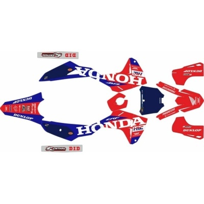 Conjunto de autocolantes para mota Honda nas cores azul, vermelho e branco com várias marcas.