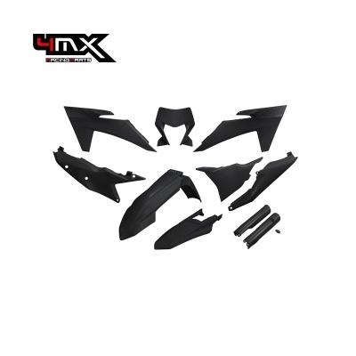 Conjunto de peças plásticas para motocicleta pretas sobre fundo branco com logótipo 4MX RACING PARTS