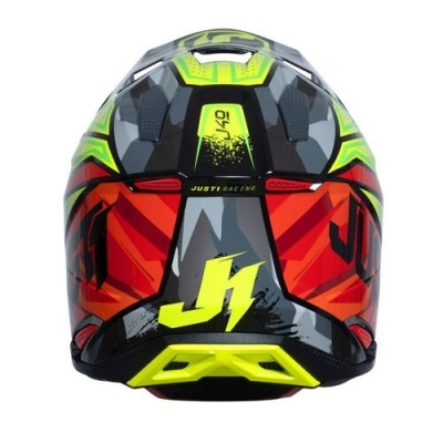 Capacete integral de motociclismo preto com amarelo e vermelho, texto JUST1 RACING e número 479