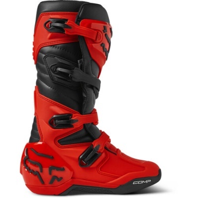 Bota de motocross vermelha e preta com fechos ajustáveis em preto