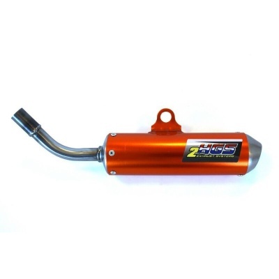 Escape de mota HGS laranja com ponteira curva prateada e etiqueta 2HGS PERFORMANCE EXHAUST