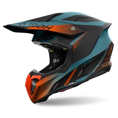 Capacete de motocross azul turquesa, preto e laranja com marca AIROH