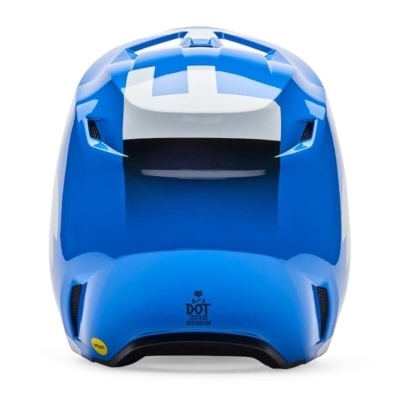 Capacete azul com detalhes em branco visto de trás